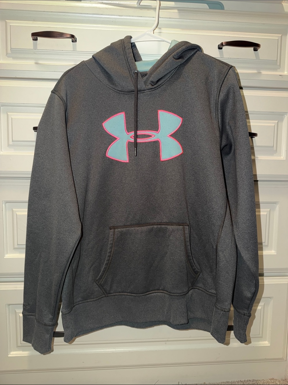 Under Armour Women's Gray Hoodie with Light Blue Logo and Pink Trim